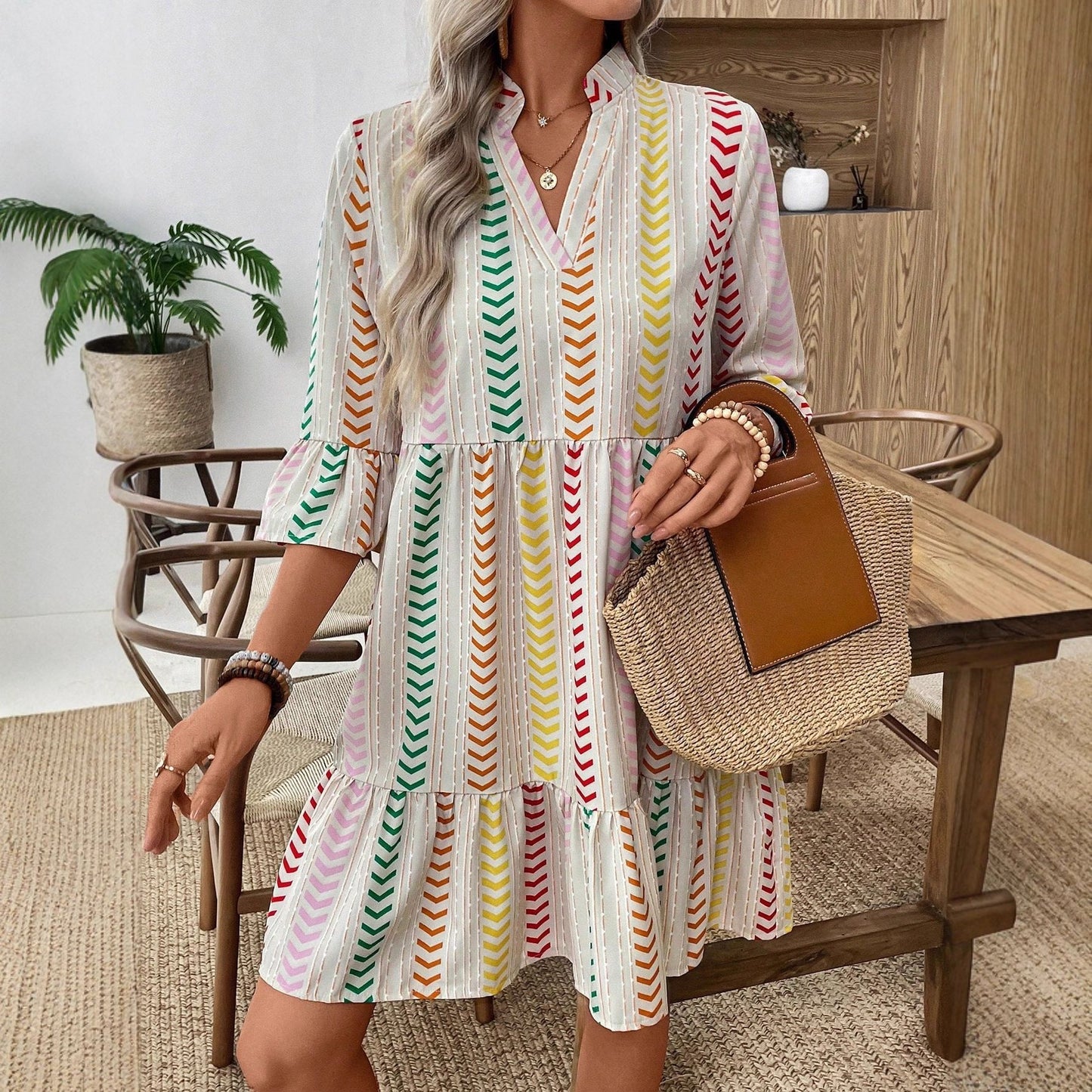 Boho Colorful Arrow Stripe V Neck Bell Sleeve Ruffle Hem Loose Dress
