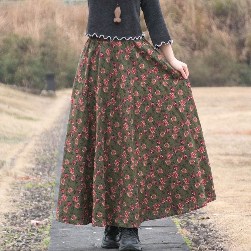 Cotton and linen printed maxi skirt | Retro ethnic style elastic waist midi skirt