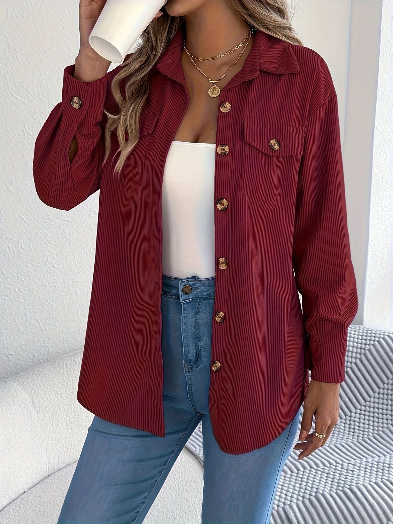Bohemian Corduroy Lapel Single-Breasted Loose Long Sleeve Shirt Jacket