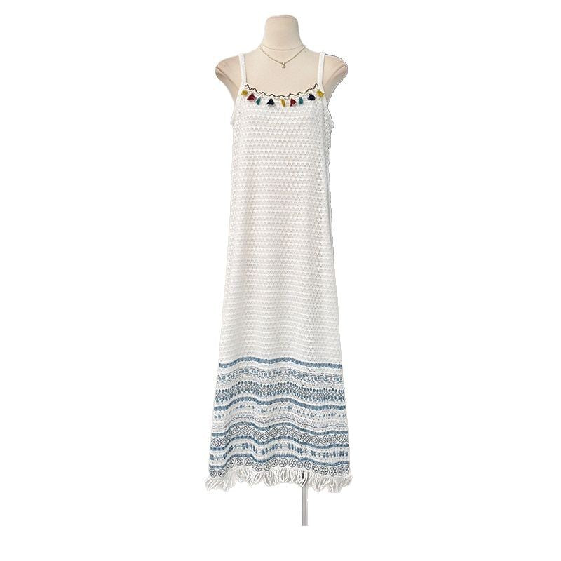 Boho Color Tassel Fringe Jacquard Cami Maxi Dress | Ethnic Style Vacation Loose Slimming Dress