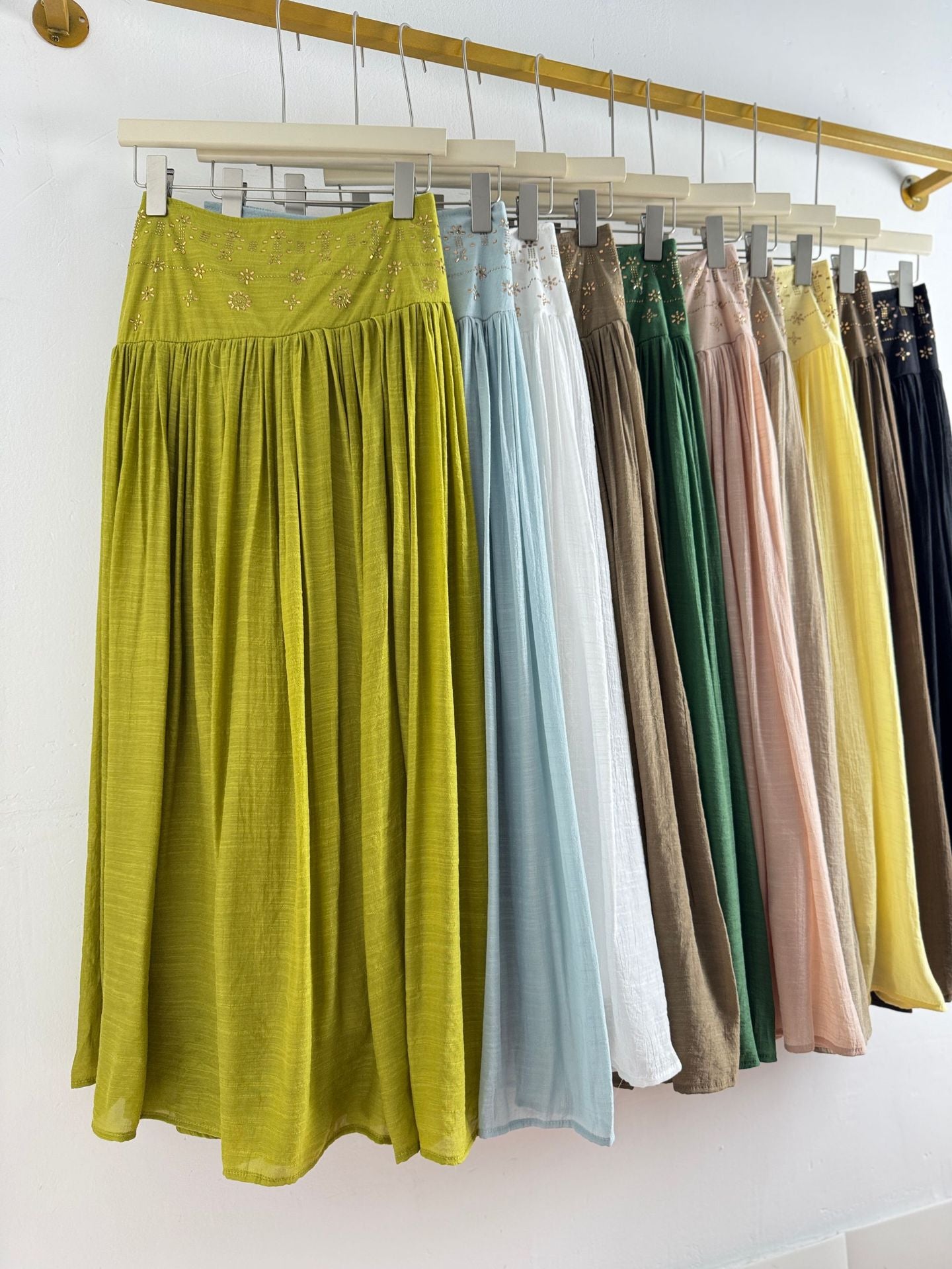 Boho High Waist Gold Embroidery Flare Maxi Skirt | Retro Vacation Drape A-Line Skirt