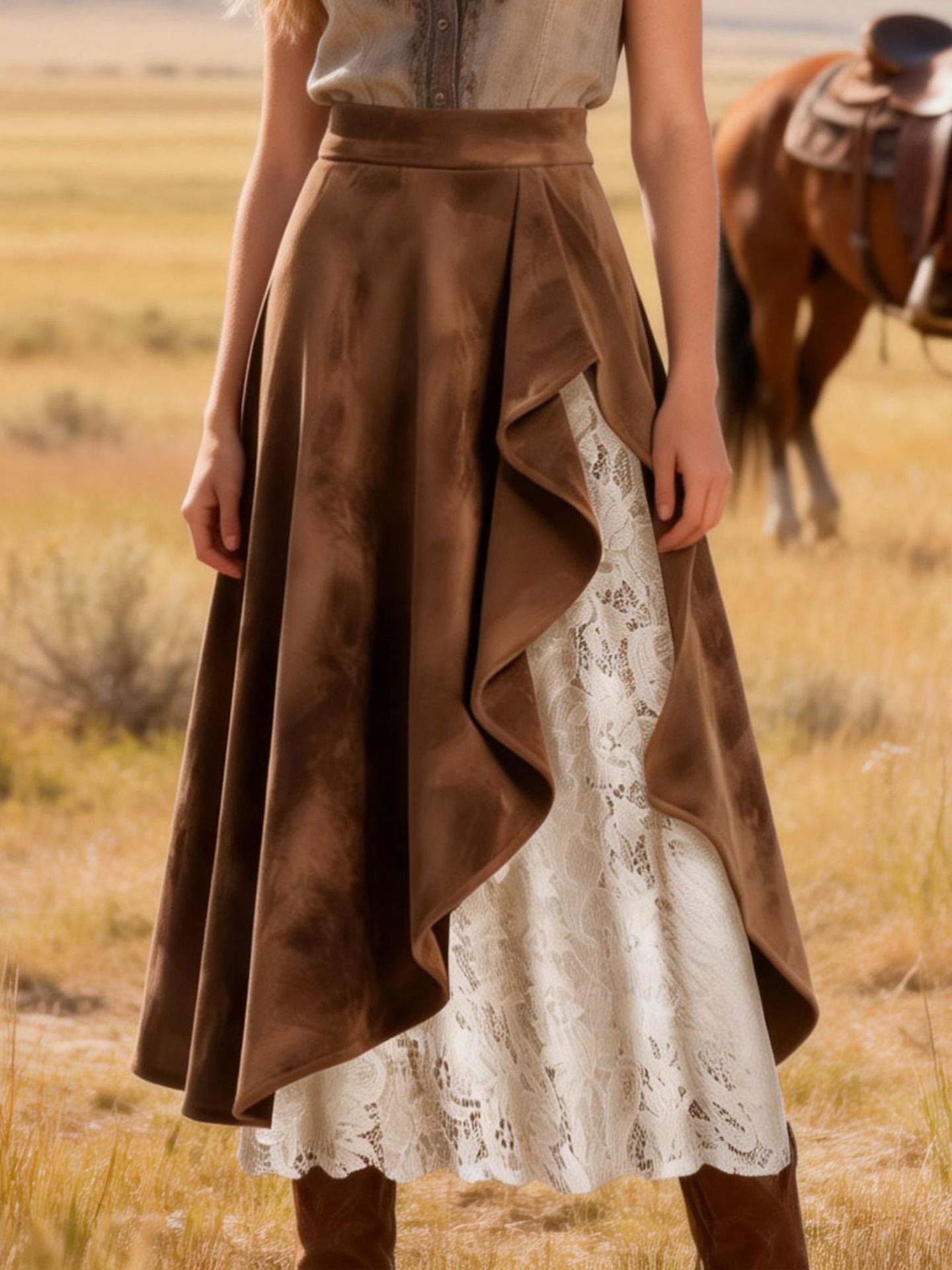 Vintage Western Style Suede Lace Ruffle High Waist Flare Maxi Skirt | Boho Slimming A-Line Skirt