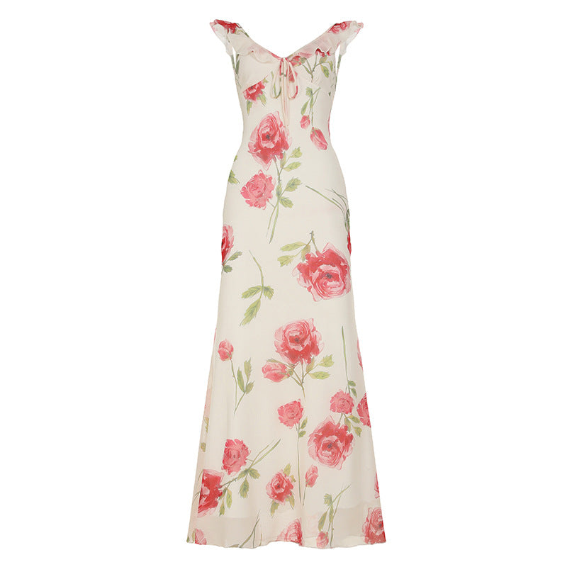 Bohemian Rose Print Ruffled Strap Maxi Dress