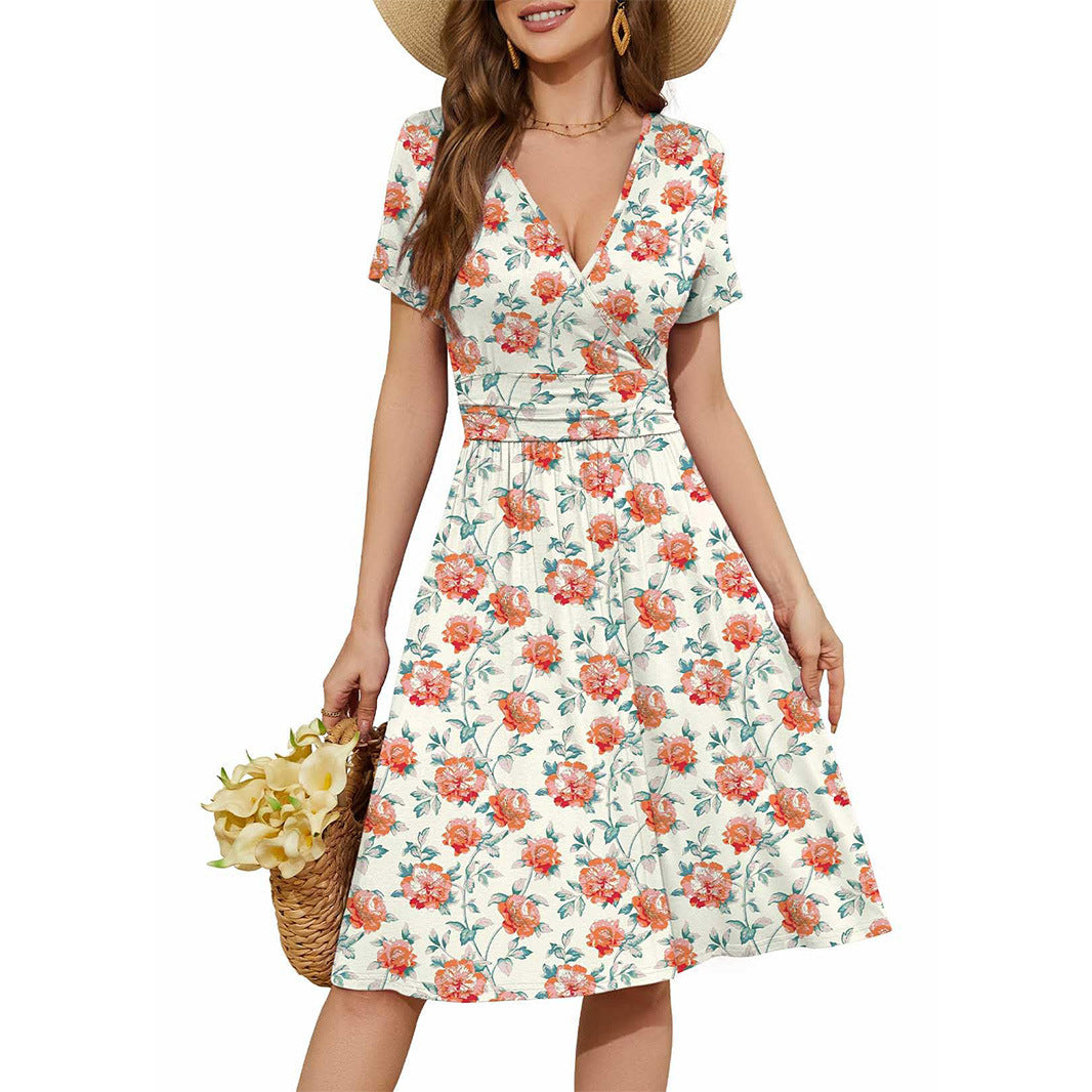 Boho Printed V-Neck Wrap Midi Dress