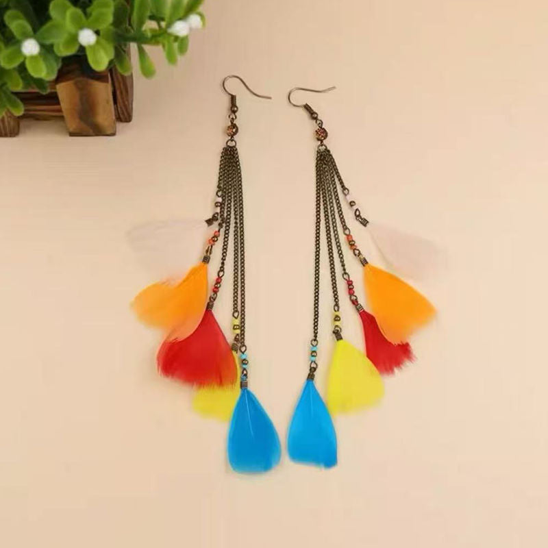 Boho Blue Feather Tassel Earrings | Ethnic Style Niche Design Jewelry