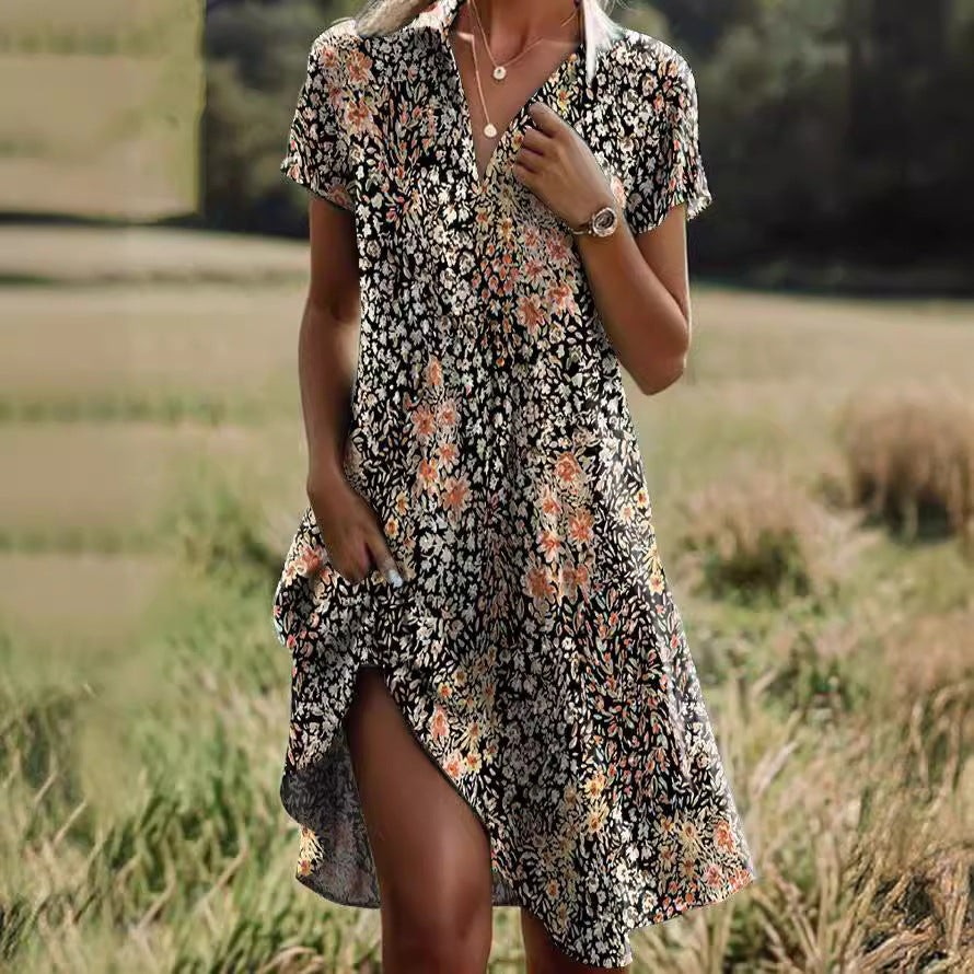 V-Neck Short Sleeve Pocket Slit Dress | Vacation Style Loose Print Midi Dress