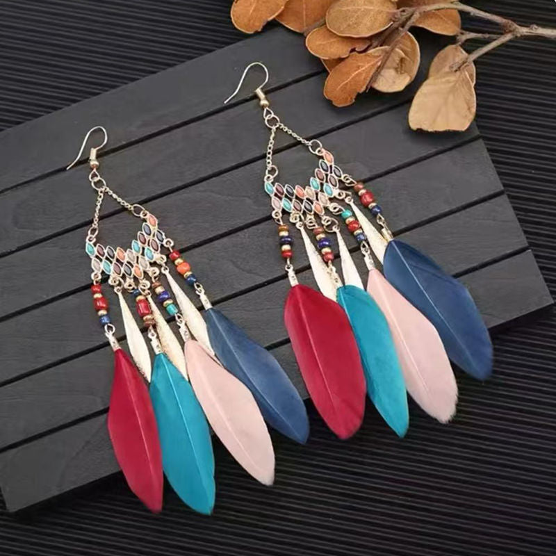 Boho Blue Feather Tassel Earrings | Ethnic Style Niche Design Jewelry