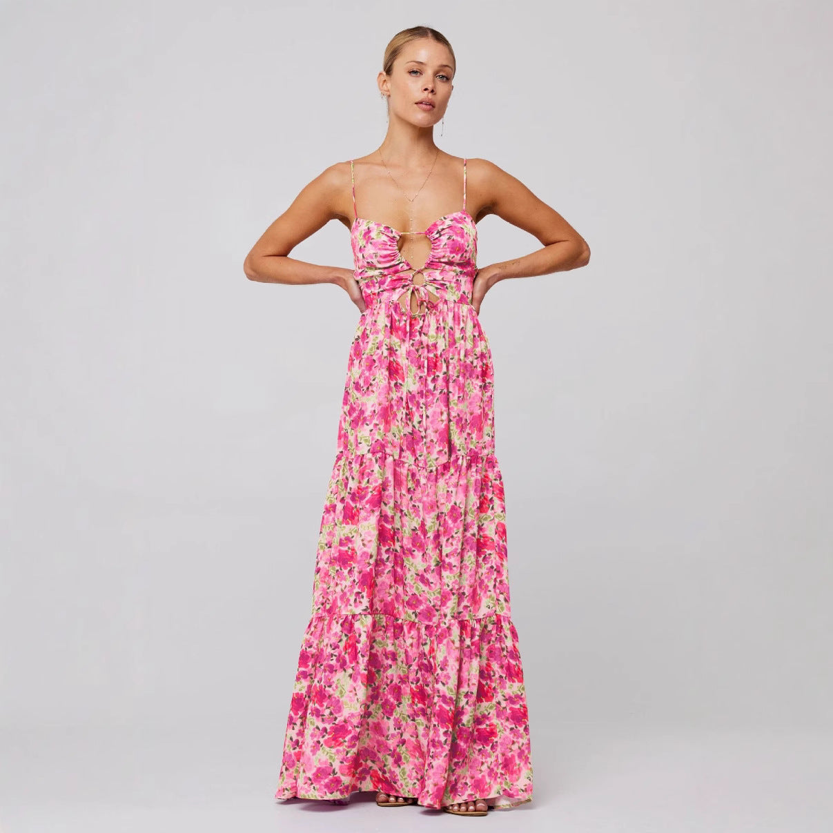 Multi-Color Floral Cutout Tie-Front Cami Tiered Maxi Dress | Vacation Style Sexy Backless Beach Dress