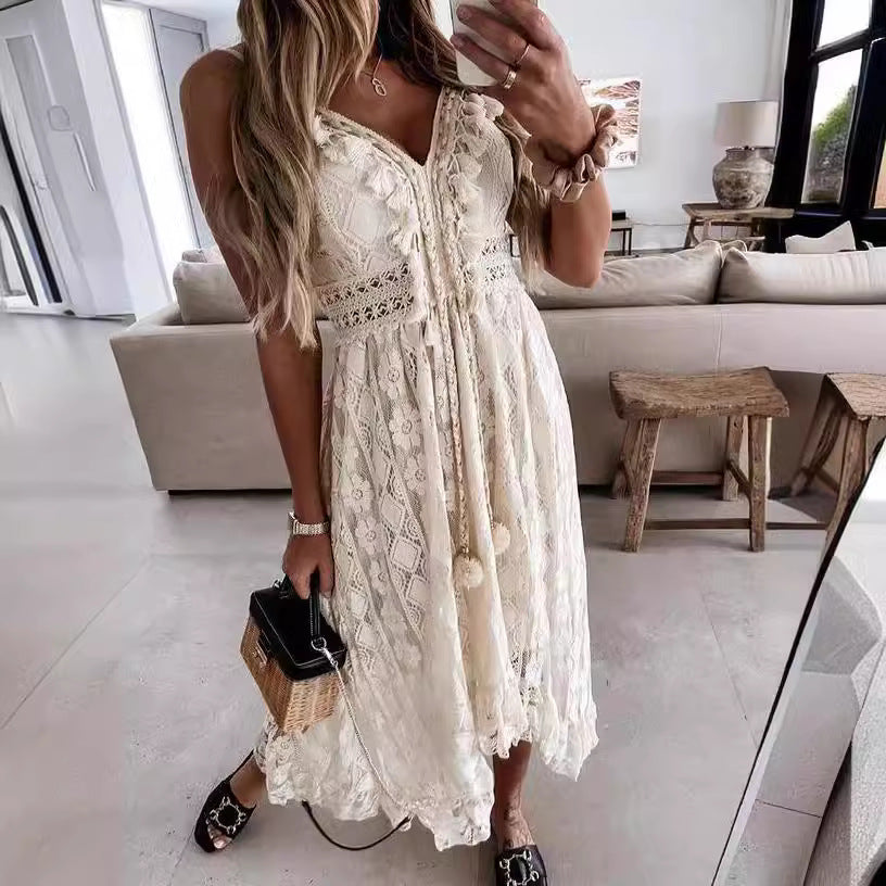 Boho White Lace V-Neck Cami Asymmetrical Maxi Dress | Vacation Style Elegant Waist-Cinching Slimming Dress