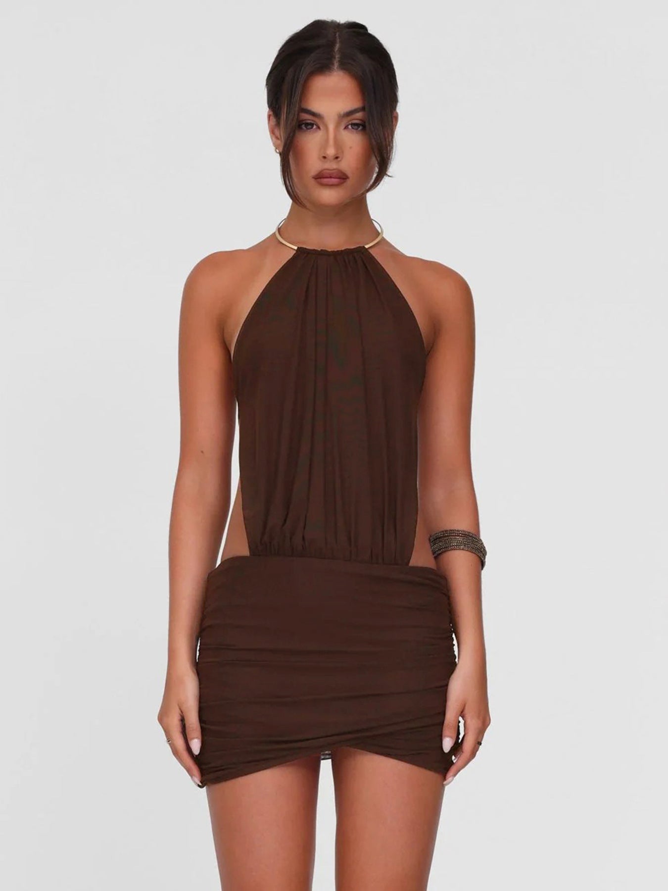 Boho Metal Halter Cutout Ruched Mini Dress