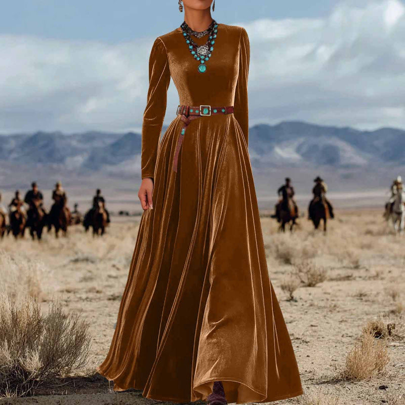 American Western Style Velvet Waist-Cinching Flare Maxi Dress