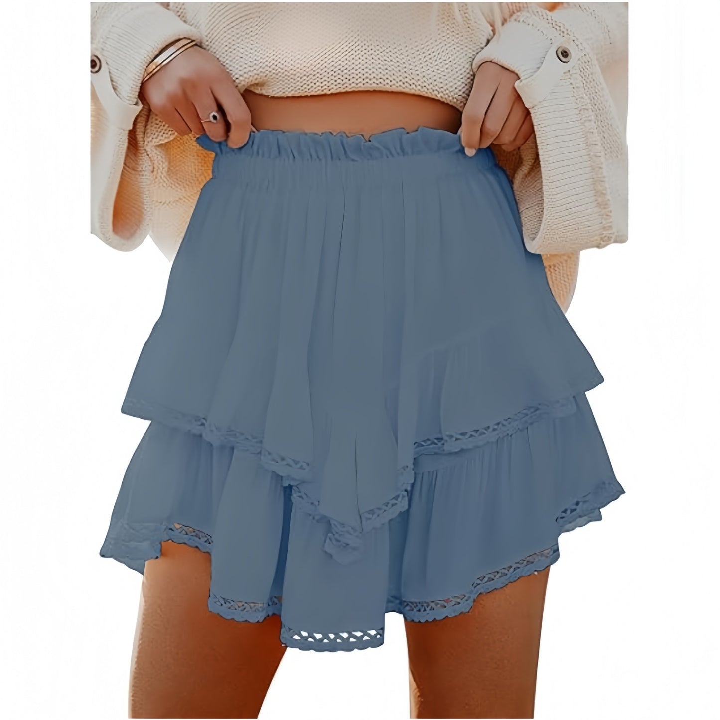 Multi-Color Lace Trim Double Ruffle Mini Skirt | High Waist Elastic A-Line Skirt