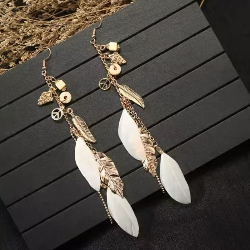 Boho Blue Feather Tassel Earrings | Ethnic Style Niche Design Jewelry