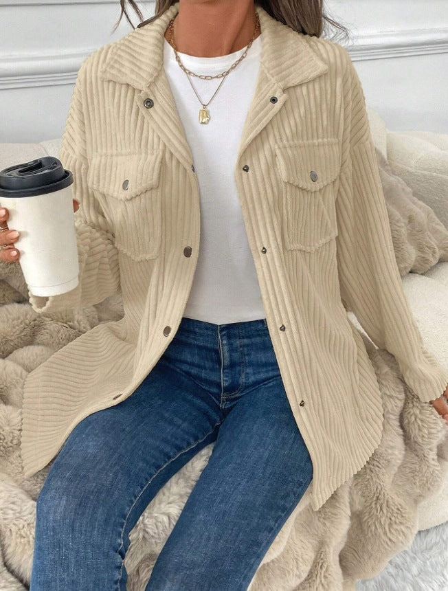 Beige Corduroy Boho Loose Shirt Jacket