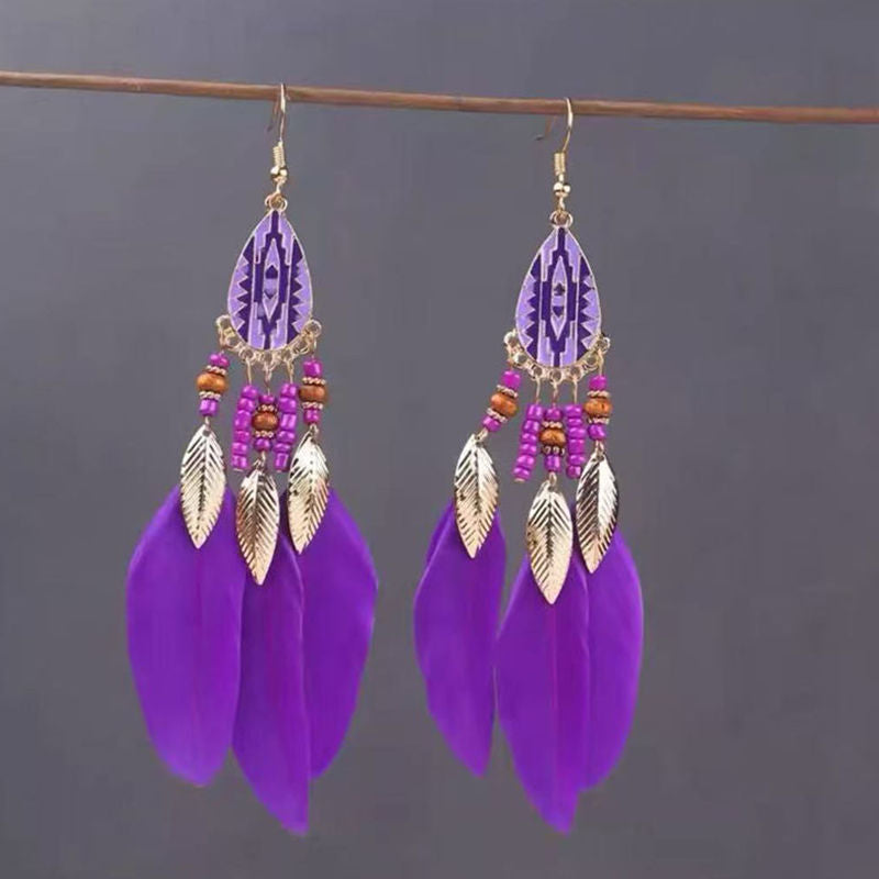 Boho Blue Feather Tassel Earrings | Ethnic Style Niche Design Jewelry