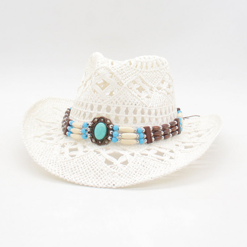 Bohemian style green beaded openwork straw cowboy hat | Vacation sun protection western hat