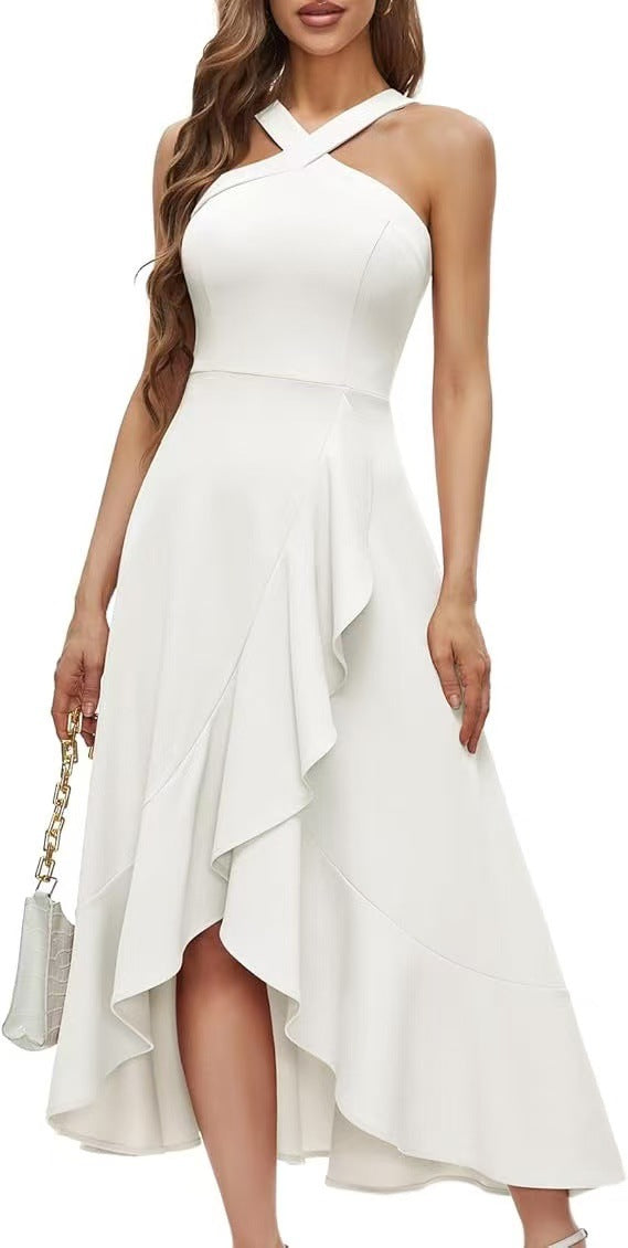 Bohemian Crisscross Halter Sleeveless Asymmetrical Ruffle Midi Dress