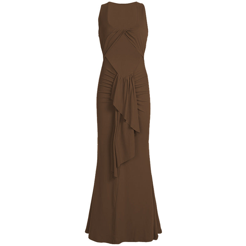 Bohemian Twisted Cutout Ruched Fringe Mermaid Maxi Dress