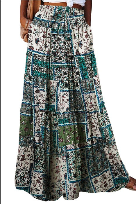 Bohemian Patchwork Print Tiered Maxi Skirt | Elastic Waist Pocket Skirt
