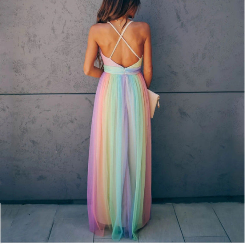 Boho Rainbow Gradient Halter Open Back Maternity Maxi Dress