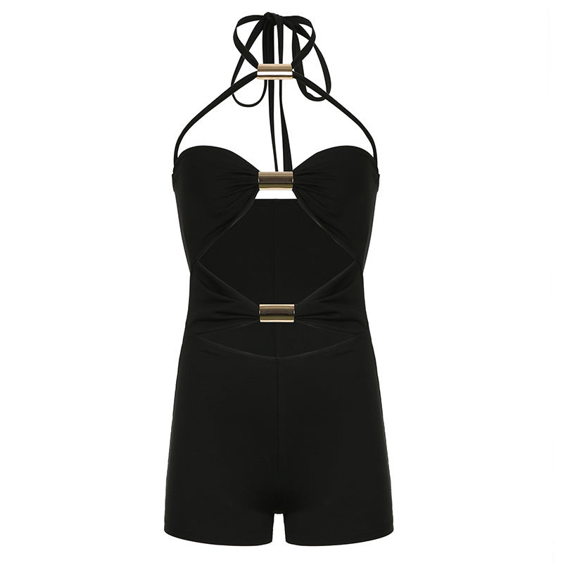 Boho Metal Buckle Halter Cutout Romper