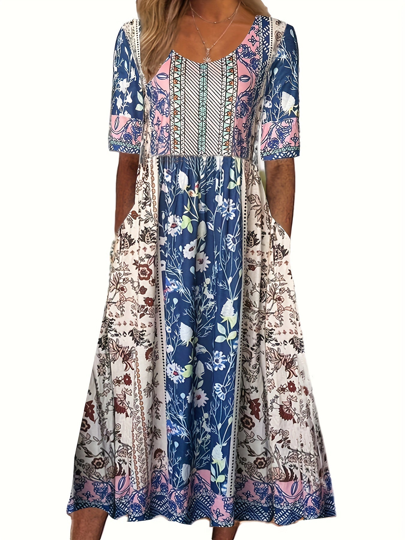 Bohemian Floral V-Neck Half Sleeve Pocket Midi Dress | Vacation Style Loose Maxi Dress