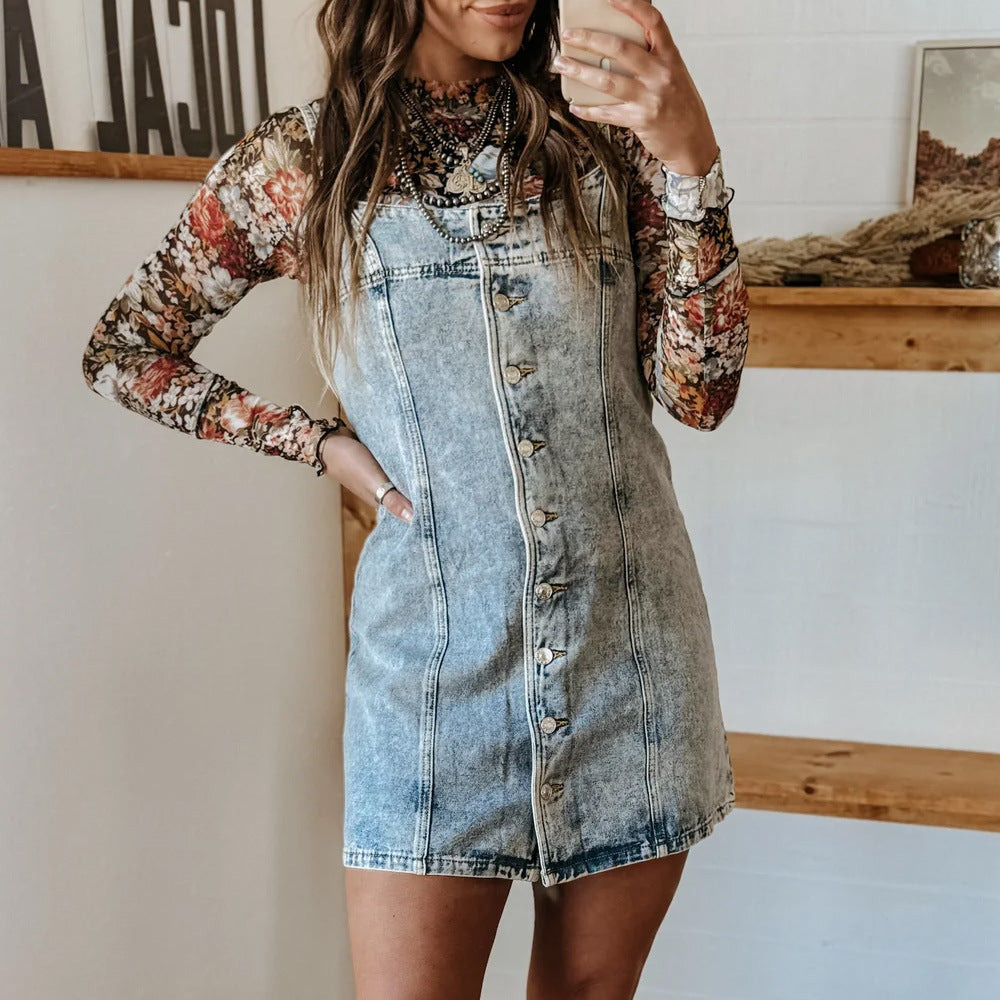 Vintage Western Style Washed Denim Cami Mini Dress | Y2K Single Breasted Waist-Cinching A-Line Dress