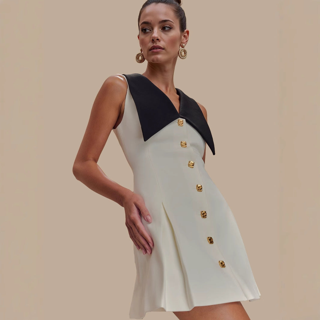 French Chanel Style Contrast Big Collar Gold Button Waist-Cinching Sleeveless Mini Dress | Elegant Luxury A-Line Dress