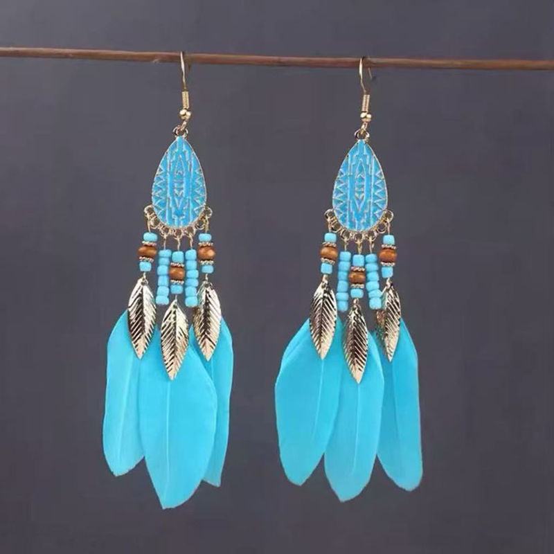 Boho Blue Feather Tassel Earrings | Ethnic Style Niche Design Jewelry