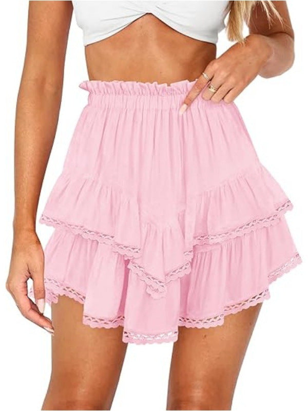 Multi-Color Lace Trim Double Ruffle Mini Skirt | High Waist Elastic A-Line Skirt