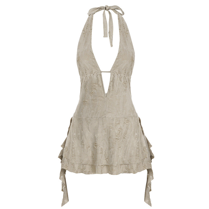Bohemian Distressed Halter Deep-V Asymmetrical Dress Collection