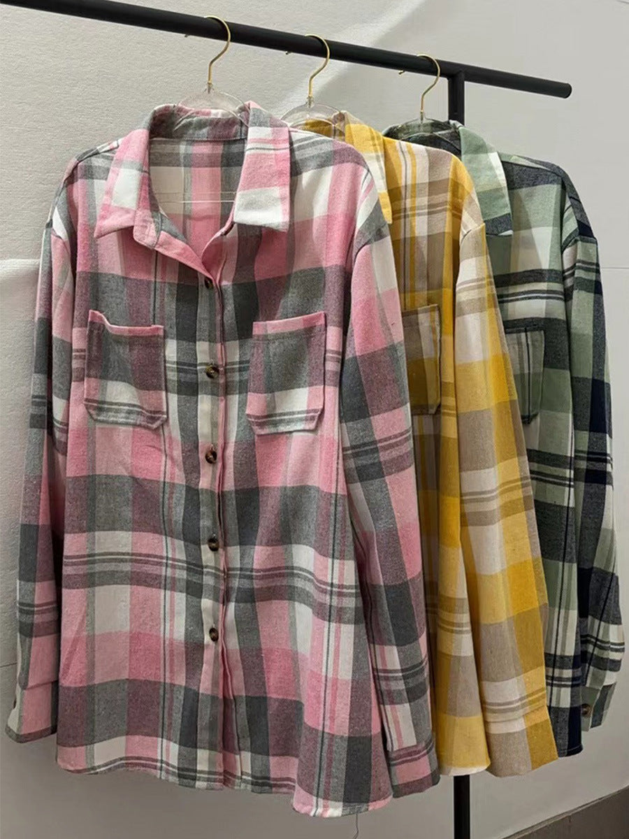 Pink-Tone Plaid Boho-Style Loose Shirt