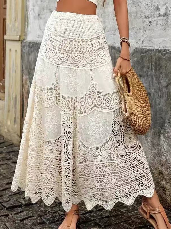 Boho Crochet Lace High Waist Flare Maxi Skirt | Ethnic Style Vacation Slimming A-Line Skirt