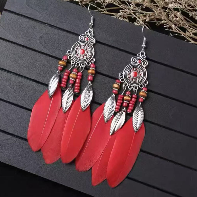 Boho Blue Feather Tassel Earrings | Ethnic Style Niche Design Jewelry