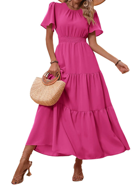Boho Round Neck Tiered Waist-Cinched Maxi Dress