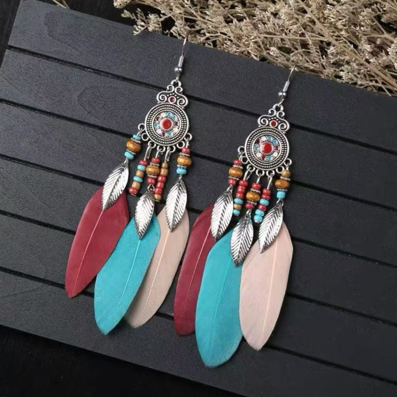 Boho Blue Feather Tassel Earrings | Ethnic Style Niche Design Jewelry