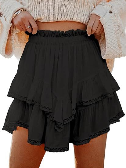 Boho Elastic Waist Tiered Ruffle Lace Trim Loose Mini Skirt