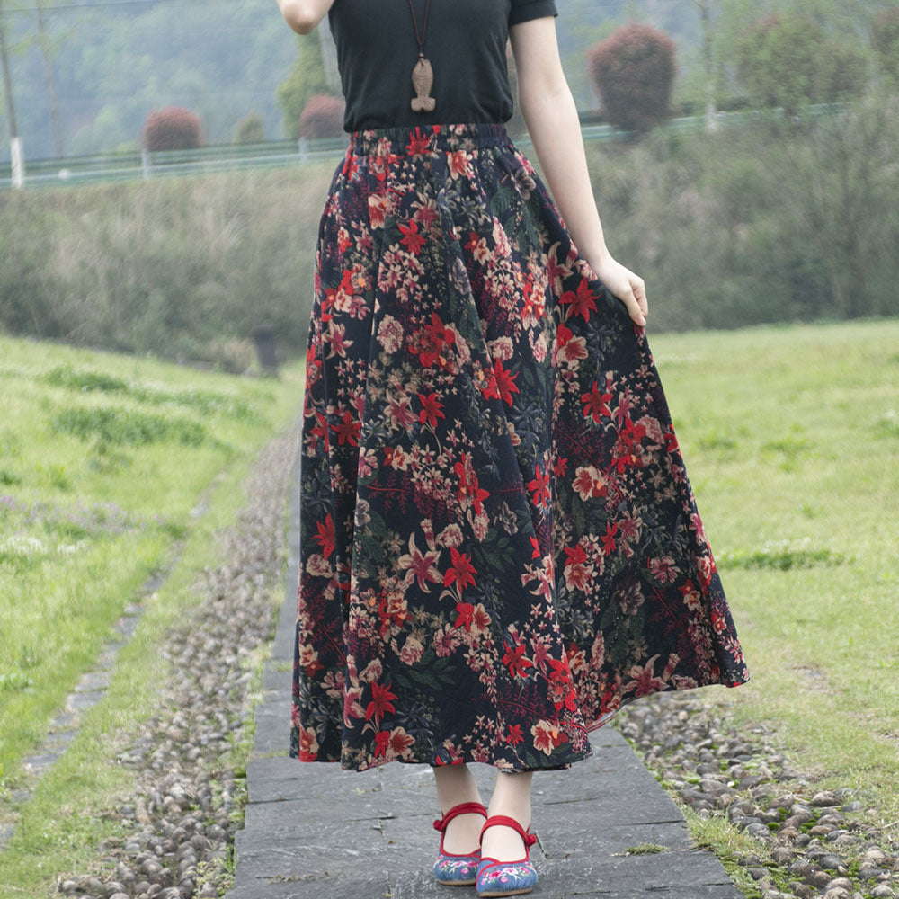 Cotton and linen printed maxi skirt | Retro ethnic style elastic waist midi skirt