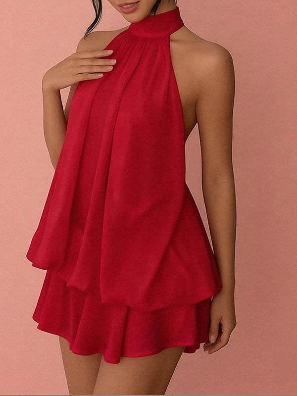 Boho Halter Neck Double Layer Ruffle Chiffon Loose Mini Dress