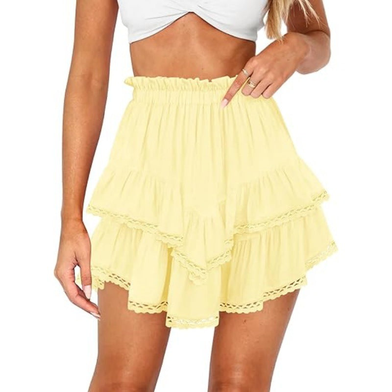 Multi-Color Lace Trim Double Ruffle Mini Skirt | High Waist Elastic A-Line Skirt