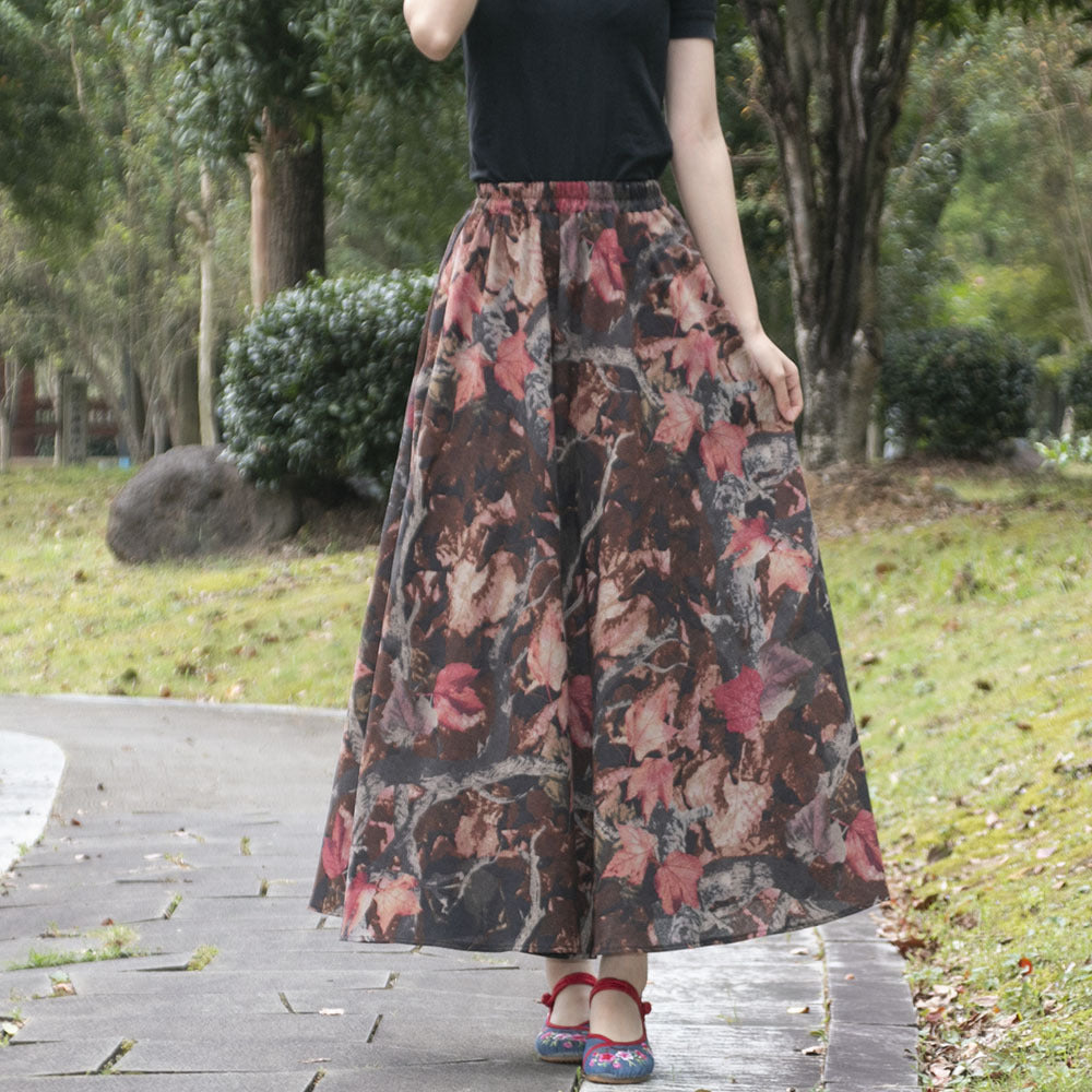 Cotton and linen printed maxi skirt | Retro ethnic style elastic waist midi skirt