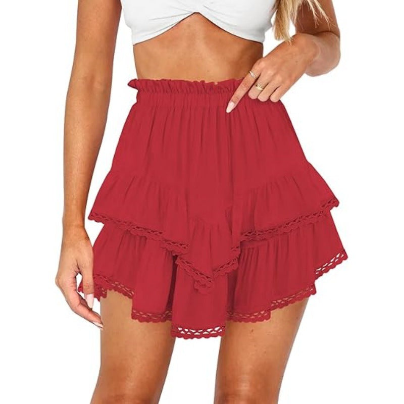 Multi-Color Lace Trim Double Ruffle Mini Skirt | High Waist Elastic A-Line Skirt