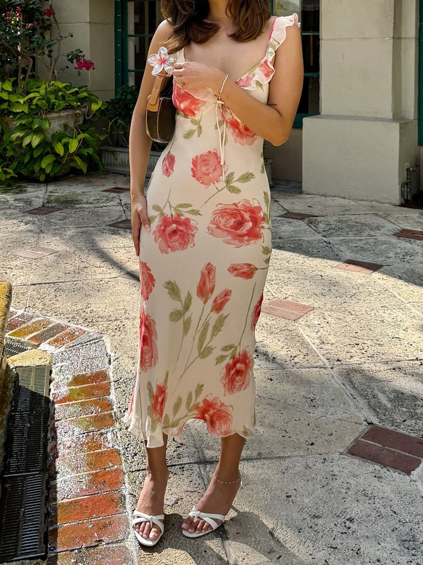 Bohemian Rose Print Ruffled Strap Maxi Dress