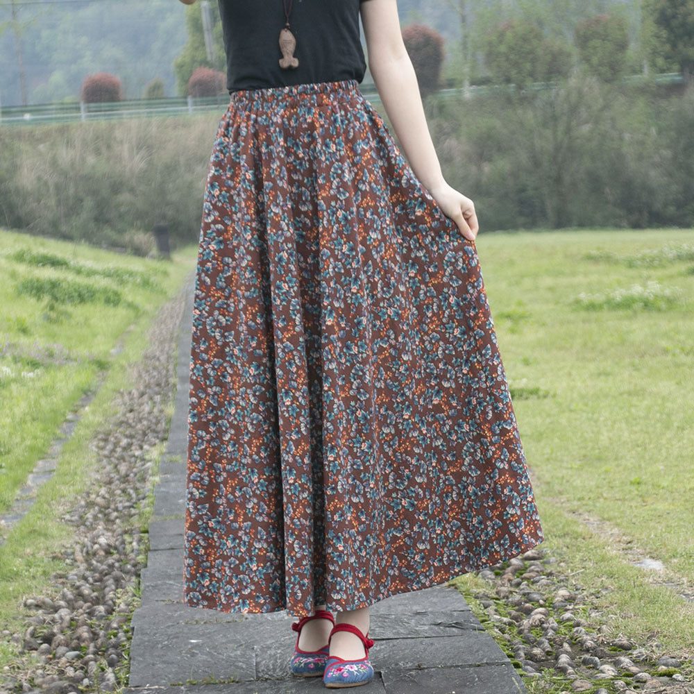 Cotton and linen printed maxi skirt | Retro ethnic style elastic waist midi skirt