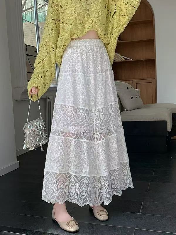 Boho Crochet Lace High Waist Flare Maxi Skirt | Ethnic Style Vacation Slimming A-Line Skirt