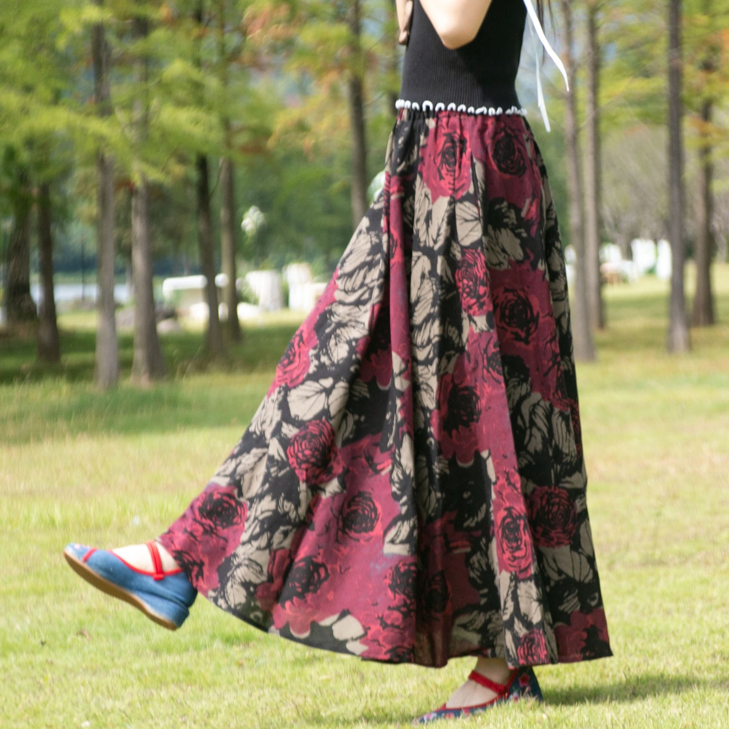 Cotton and linen printed maxi skirt | Retro ethnic style elastic waist midi skirt