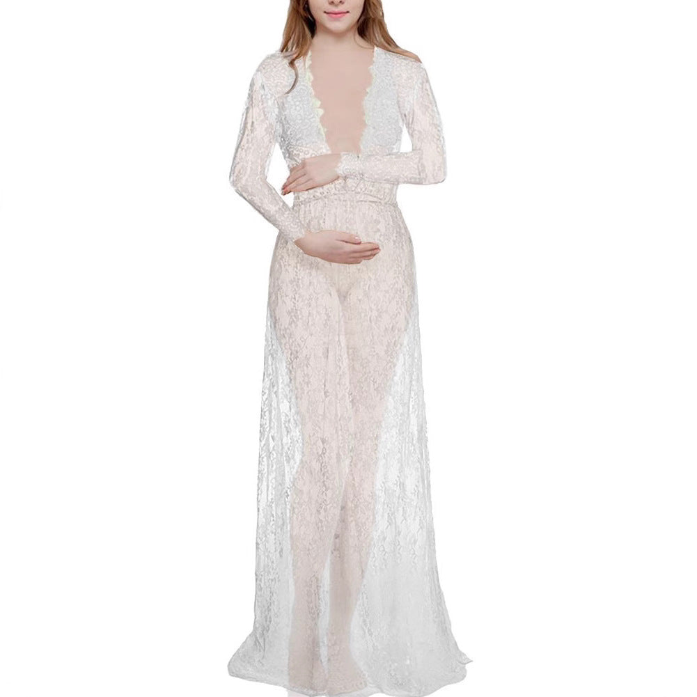 Maternity Photo Shoot Lace Sheer Trailing Maxi Dress