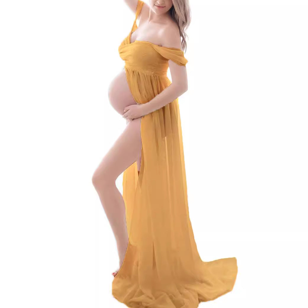 Maternity Photo Shoot Off Shoulder Chiffon Trailing Maxi Dress