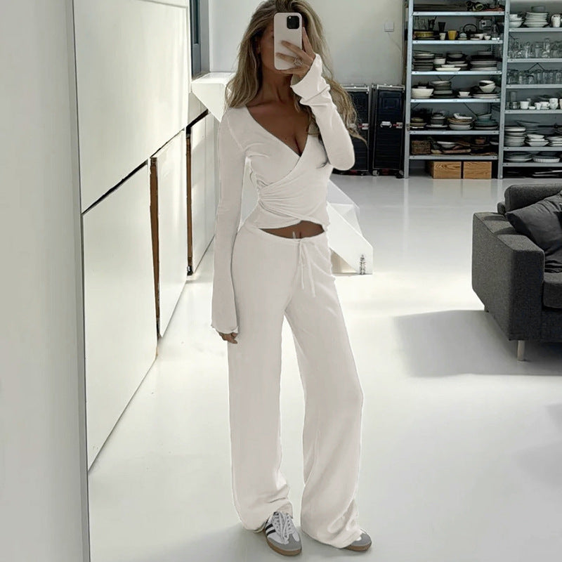 Wrap V-Neck Flare Sleeve Loungewear Wide-Leg Pants Set