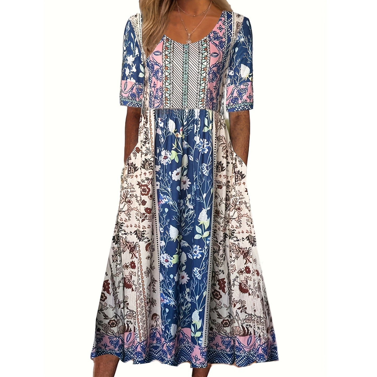 Bohemian Floral V-Neck Half Sleeve Pocket Midi Dress | Vacation Style Loose Maxi Dress